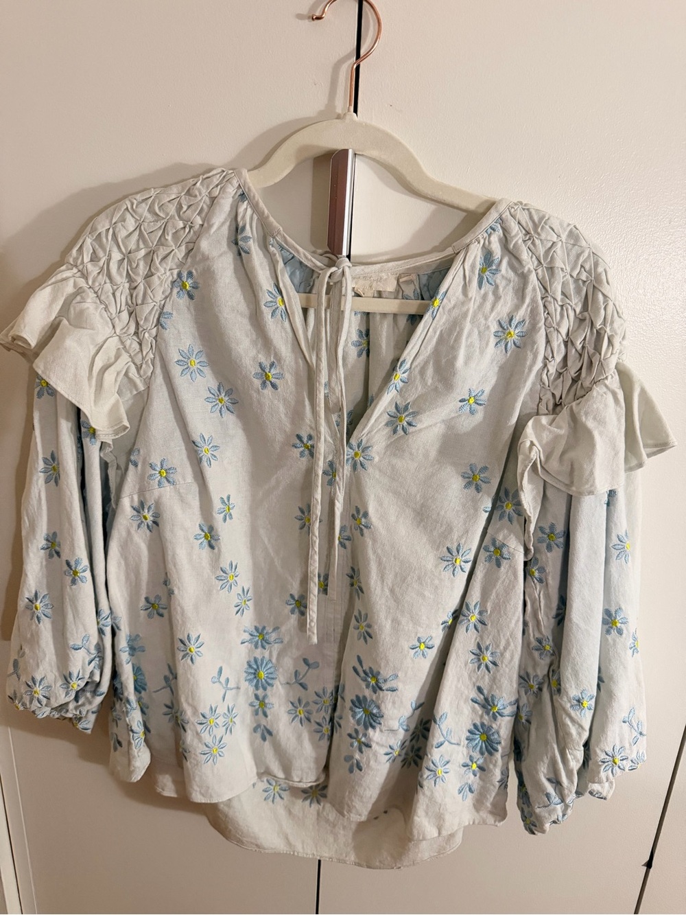 Anthropologie Light Blue Daisy-Embroidered Blouse. Size Small